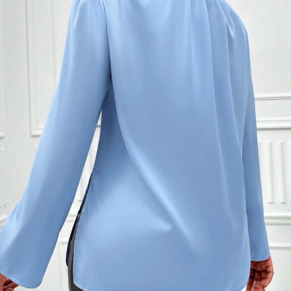 SHEIN Slayr Tie Neck Asymmetrical Hem Satin Blouse Blue Size L(8/10) - Picture 3 of 8